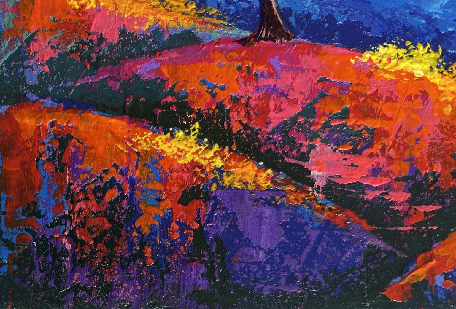 Vibrant oil painting of sunset in mountain valley by V. Zadorozhnya