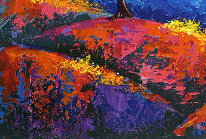 Vibrant oil painting of sunset in mountain valley by V. Zadorozhnya