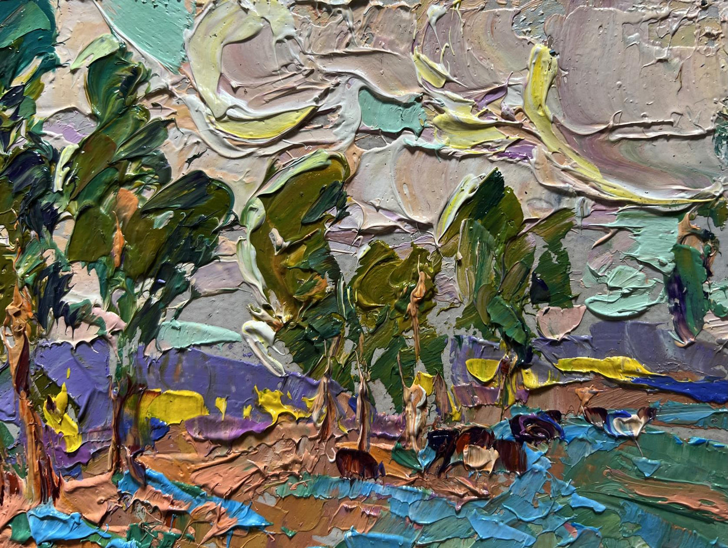 Impasto oil painting In the Autumn Meadows by Oleksiy Ivanyuk with green trees