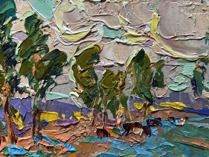 Impasto oil painting In the Autumn Meadows by Oleksiy Ivanyuk with green trees
