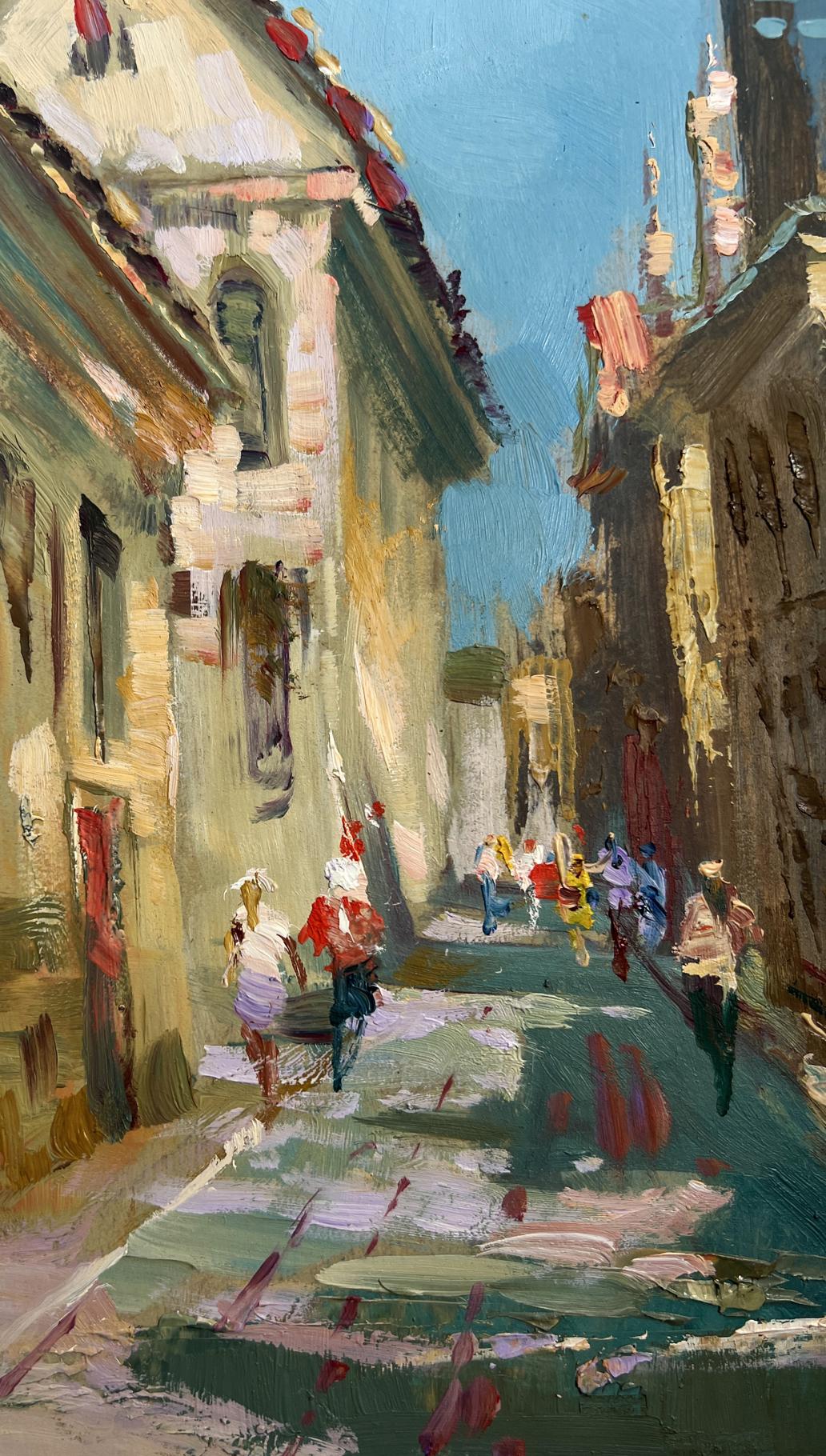 A vibrant impressionist painting of a sunlit european alleyway with pastel-colored buildings, red accents on rooftops and clothing, and figures strolling along the cobblestone street.