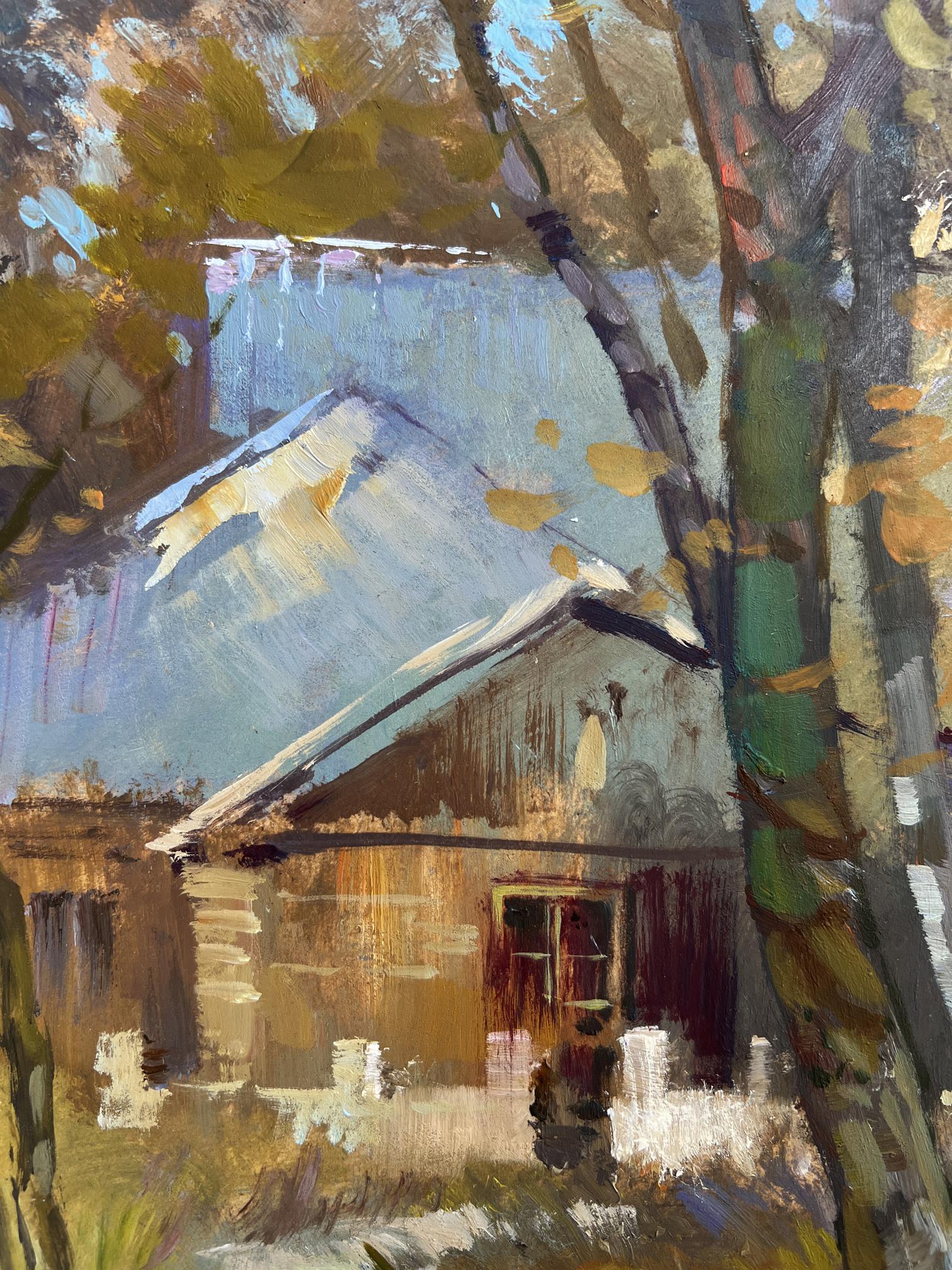 Impressionistic oil painting of rustic cabin in autumn by Yuriy Suprunchuk