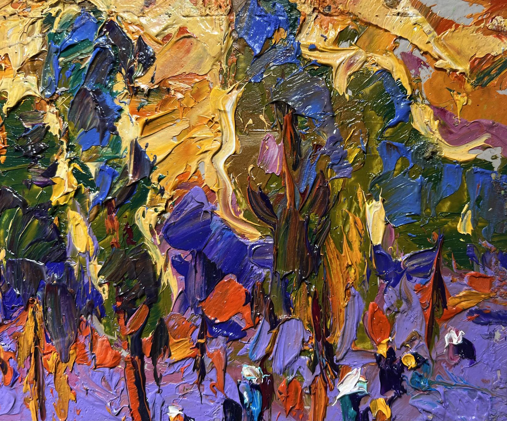 Vibrant impressionist oil painting of yellow sunset behind trees by Oleksiy Ivanyuk