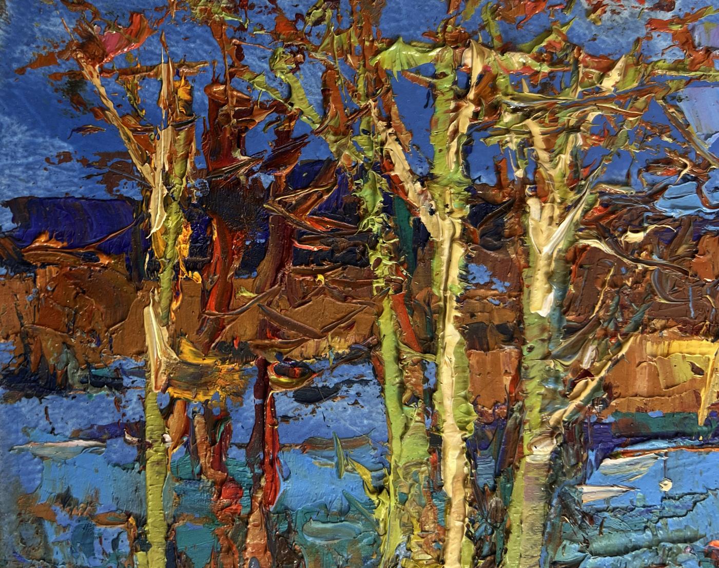Vibrant impressionist oil painting of autumn river by Oksana Ivanyuk