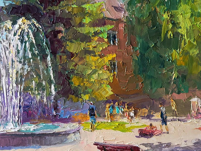 Vibrant impressionist oil painting by Boris Serdyuk: sunlit city park with fountain