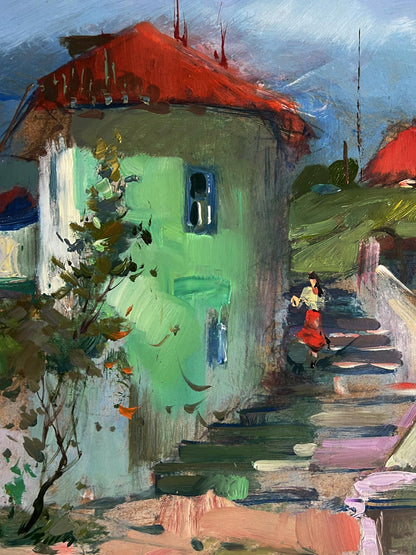 Vibrant impressionist oil painting by Yuriy Suprunchuk of green house with red roof amid foliage