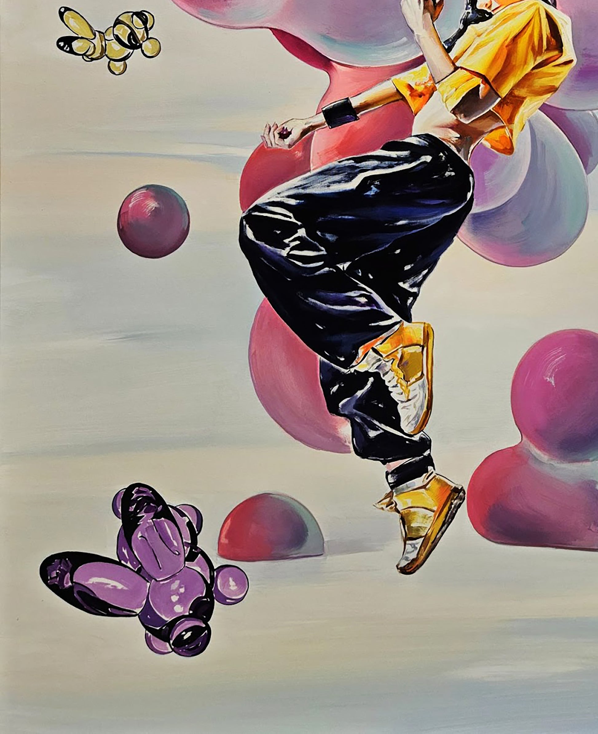 Vibrant oil painting of TikTok girl dancing in black pants, yellow sneakers by Igor Konovalov