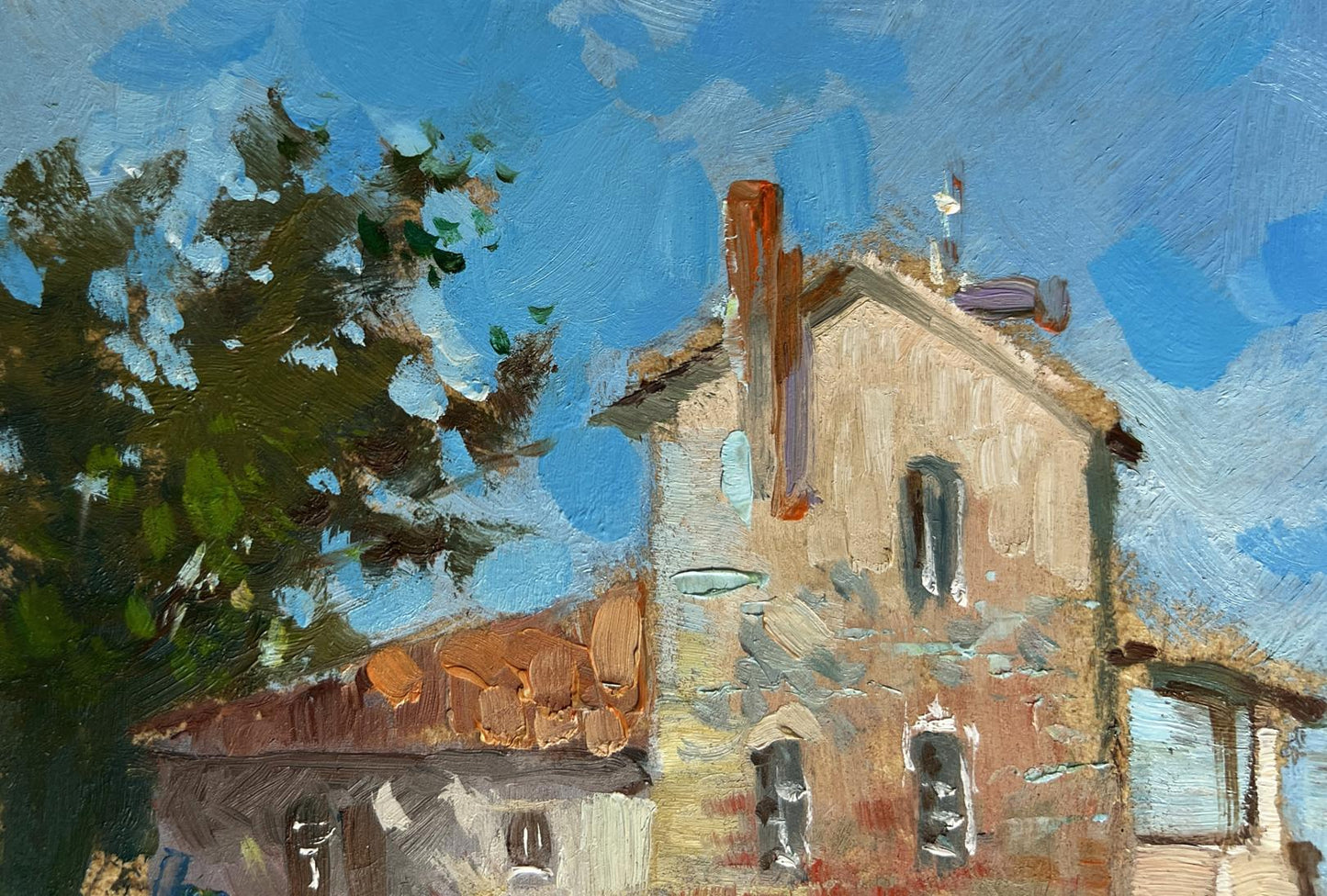 Oil painting by Yuriy Suprunchuk of rustic stone house with terracotta roof