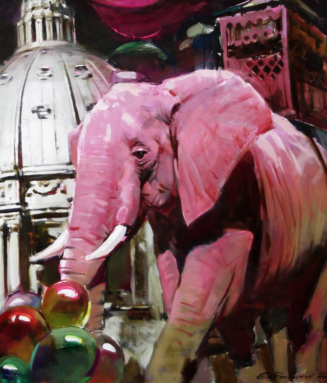 Vibrant pink elephant oil painting Show Must Go On by Ed Potapenkov