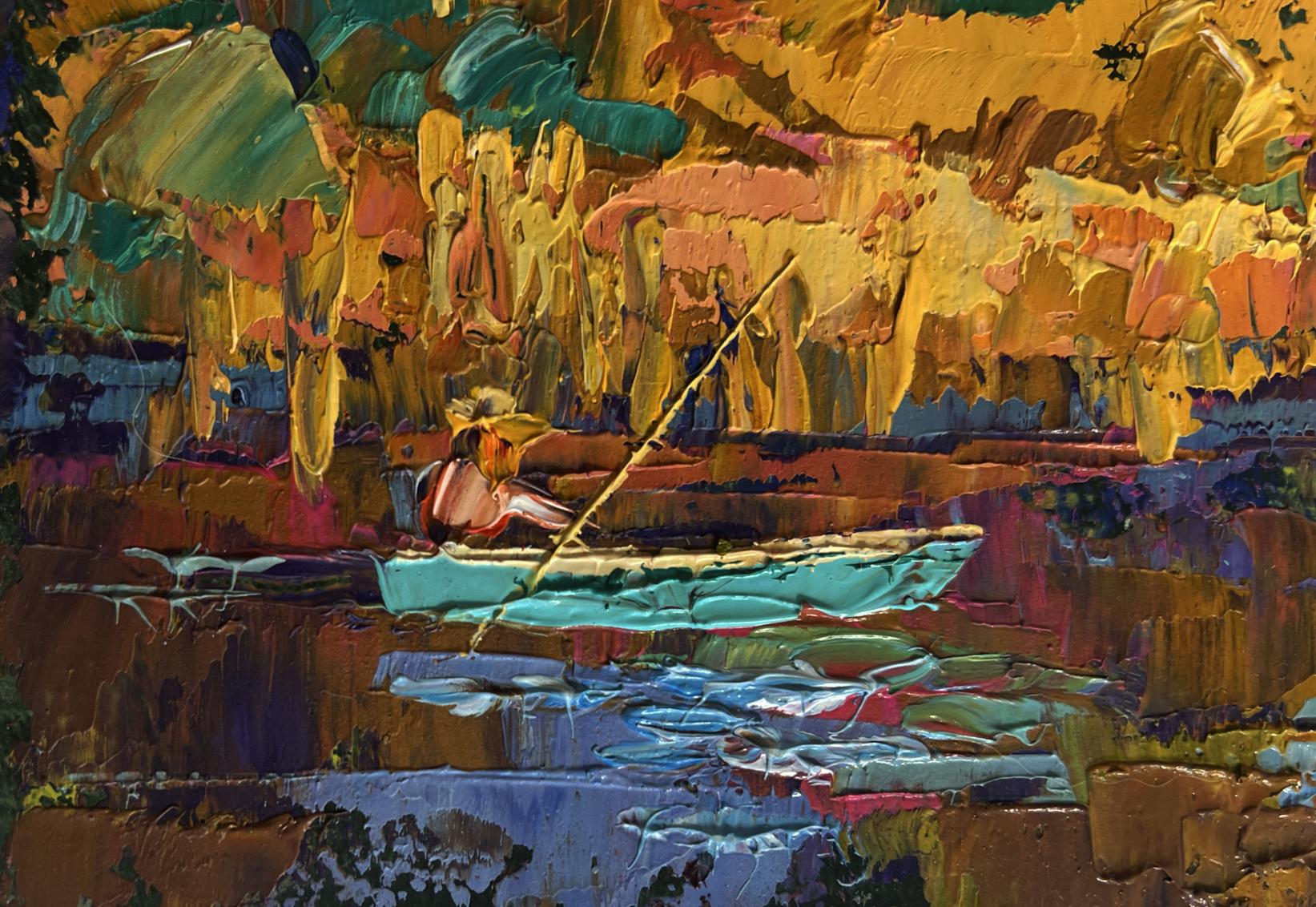 Oil painting Autumn evening by the river by Oleksiy Ivanyuk turquoise boat scene