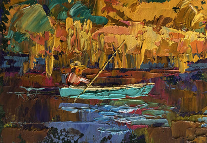 Oil painting Autumn evening by the river by Oleksiy Ivanyuk turquoise boat scene