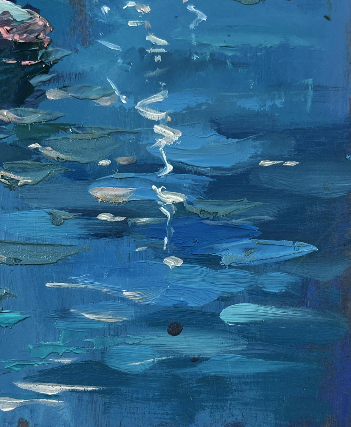Abstract blue white oil painting boats rocky shore by Yuriy Suprunchuk