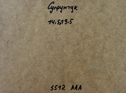 Back of Yuriy Suprunchuk oil painting with handwritten title on cardboard