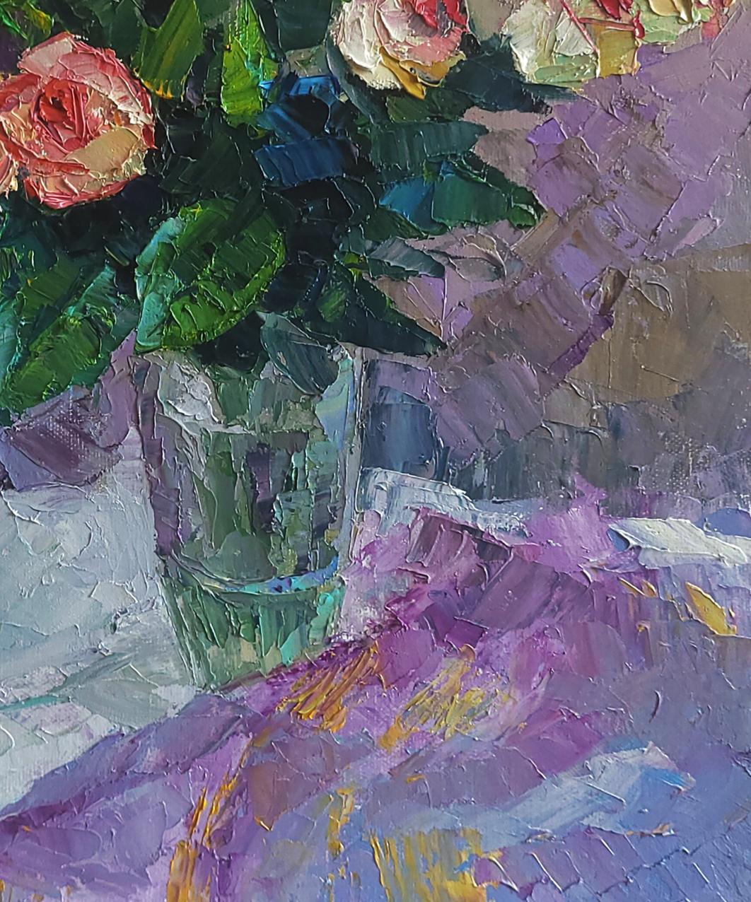 Oil painting of vibrant roses in crystal vase by Boris Serdyuk