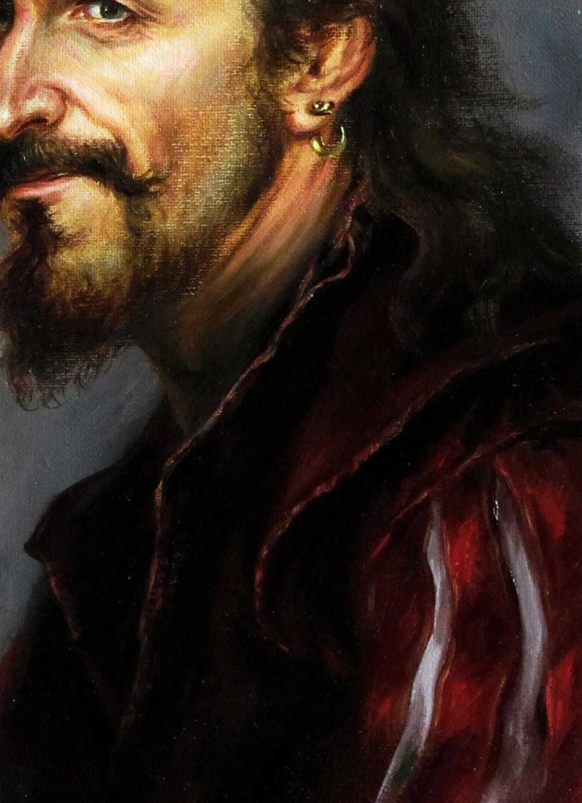 Deep red velvet garment with white stripes in Valeriy Bulat oil painting