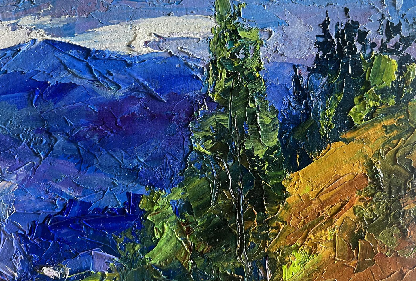 Vibrant impressionist oil painting of Boris Serdyuk village in mountains