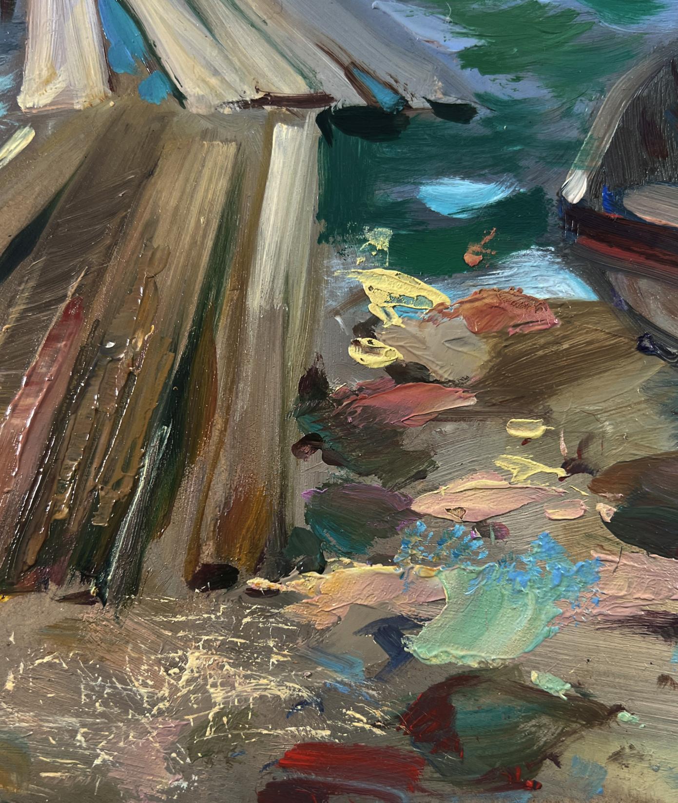 Impressionistic oil painting of boats on river bank by Yuriy Suprunchuk