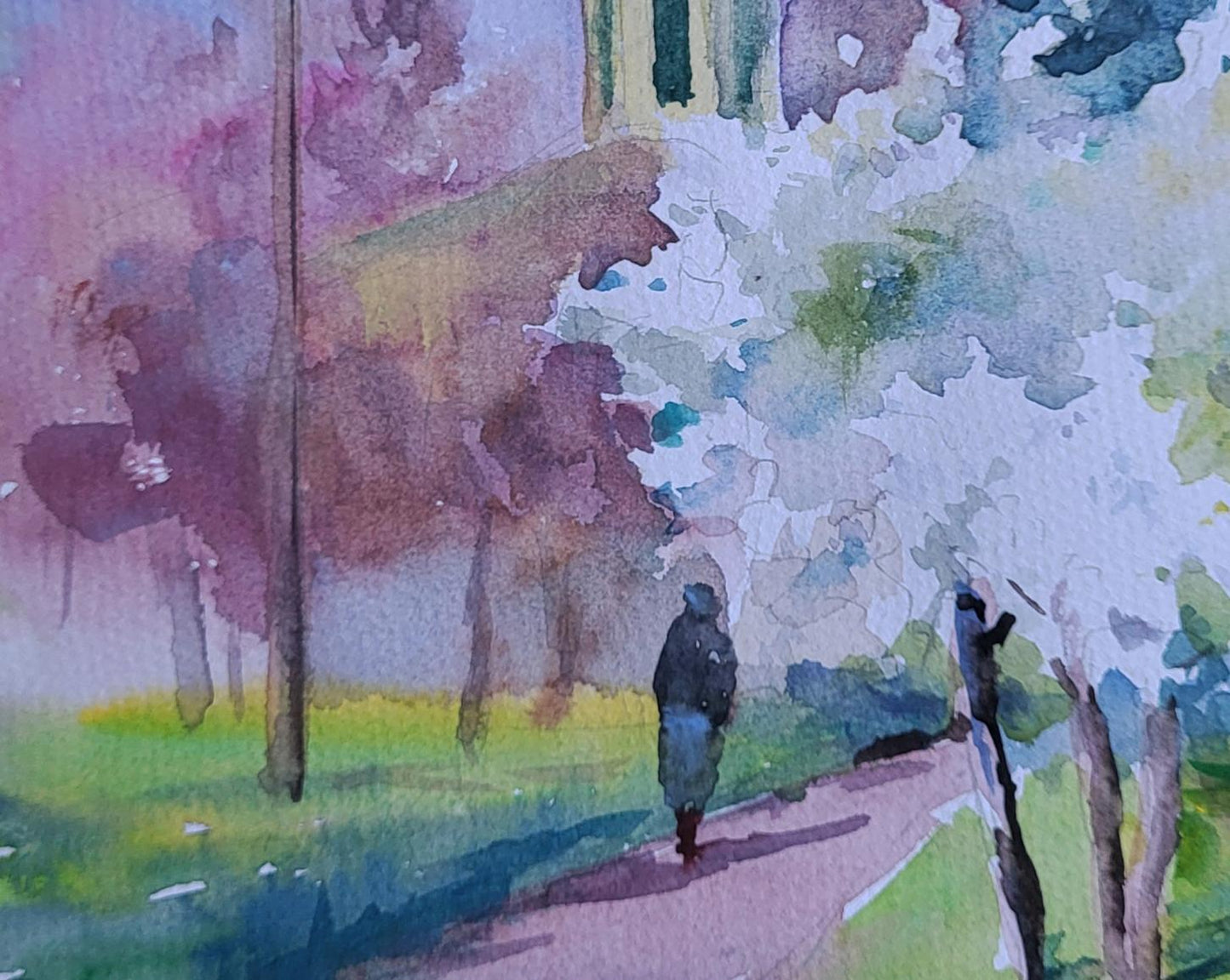 Watercolor painting The ringing of spring bells by Boris Serdyuk solitary figure path trees