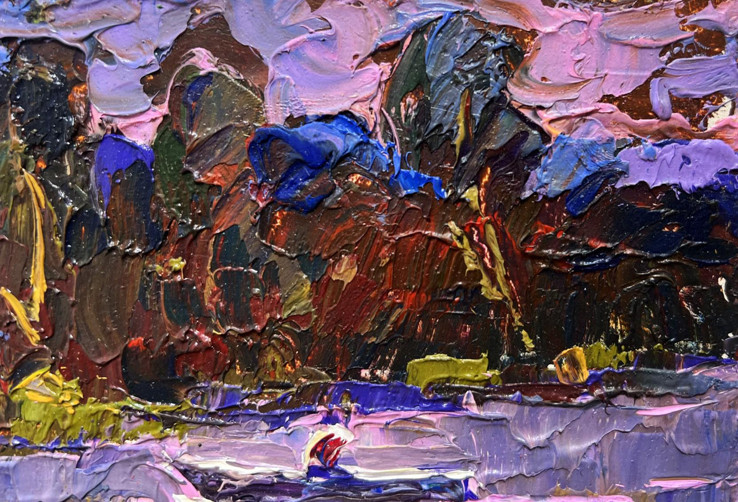 A vibrant, textured oil painting with thick impasto brushstrokes in shades of purple, blue, red, and green.