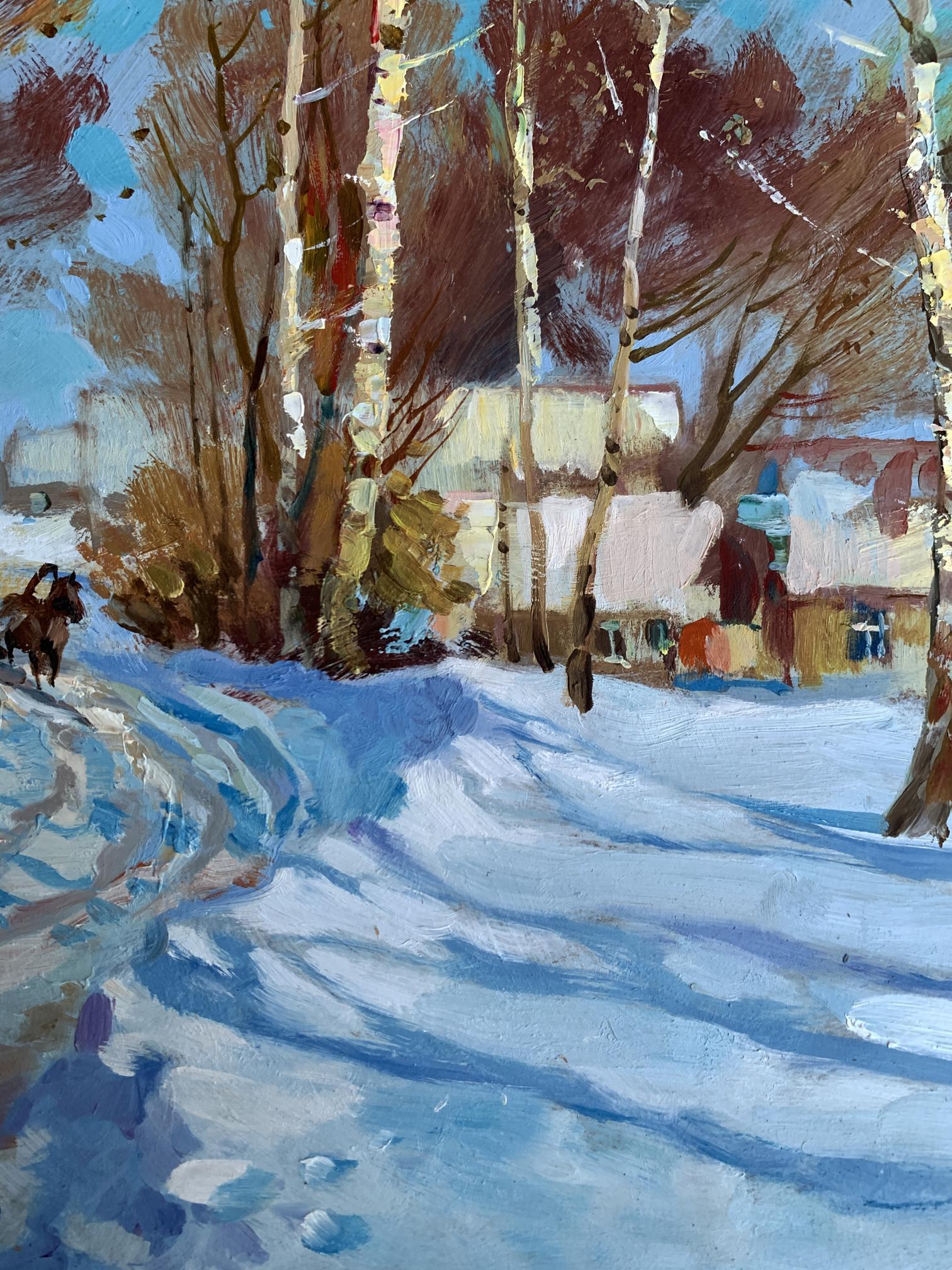 Oil painting Sunny winter day by Yuriy Suprunchuk: birch trees, snowy landscape