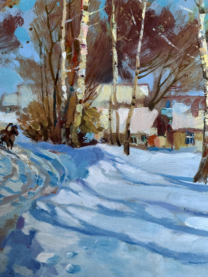 Oil painting Sunny winter day by Yuriy Suprunchuk: birch trees, snowy landscape