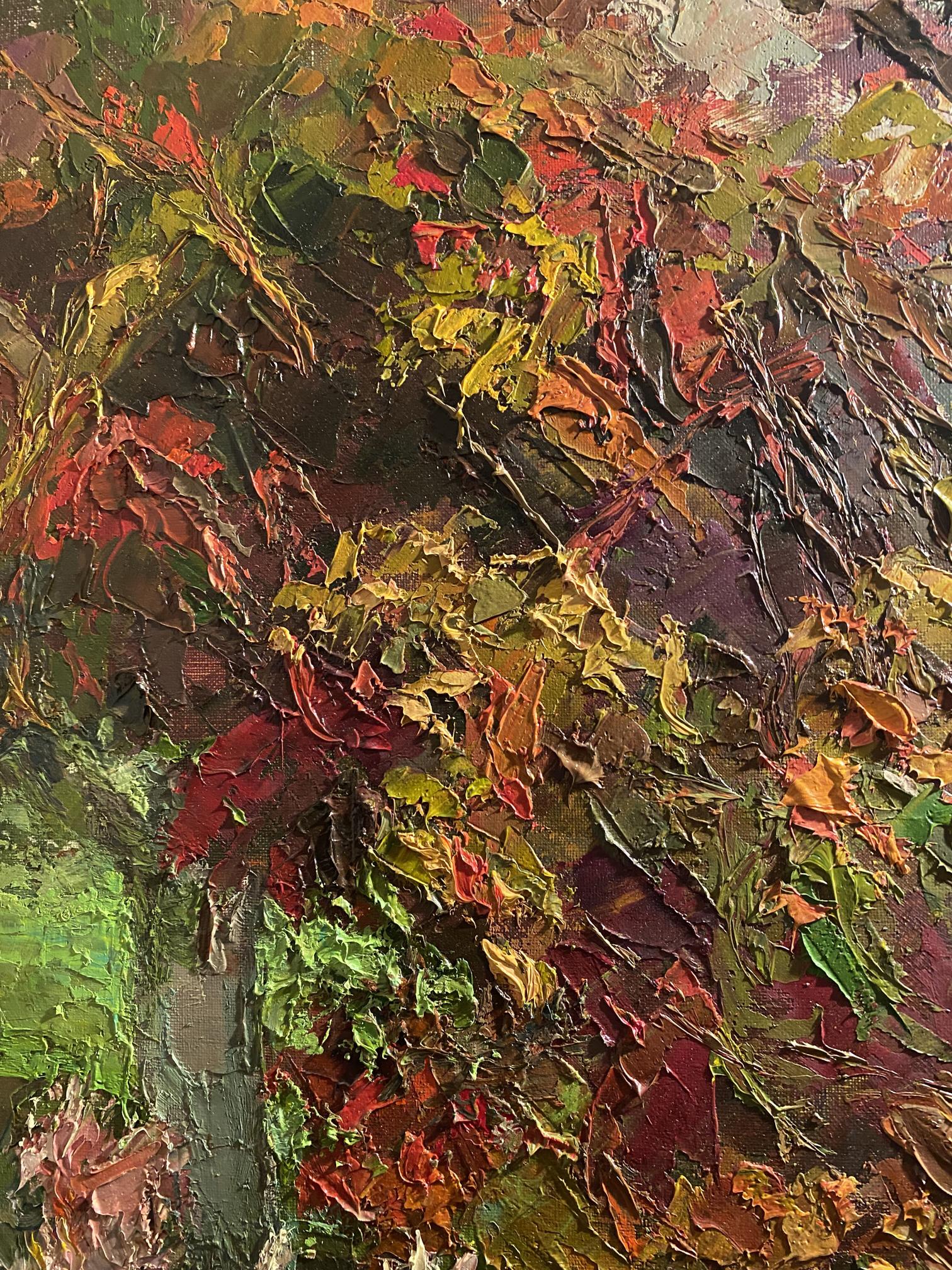 Oil painting Autumn in the garden by Nikolai Kononenko, textured autumn colors