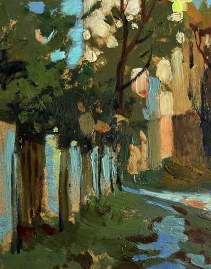 Impressionistic oil painting of Yuriy Suprunchuk monastery towers path