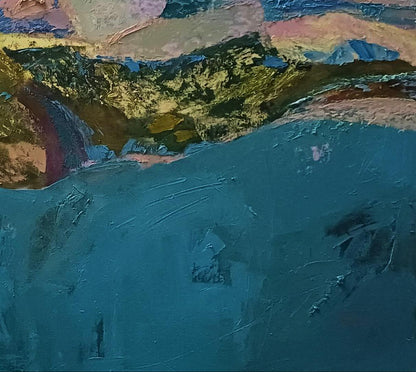 Abstract oil painting Silence that hides untold histories by Tatyana Shulyak in teal, green, gold tones