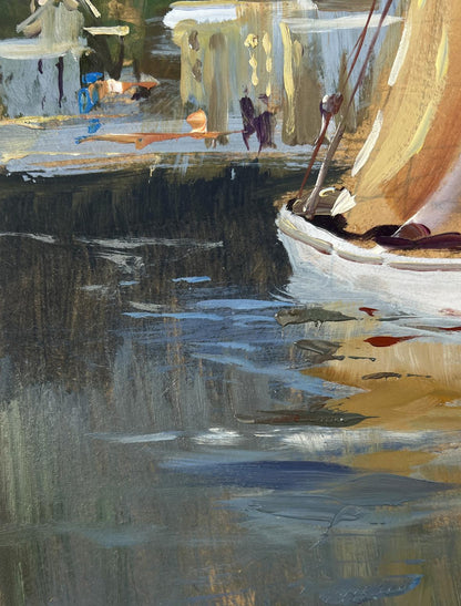 Impressionist oil painting of silent city sailboat by Yuriy Suprunchuk