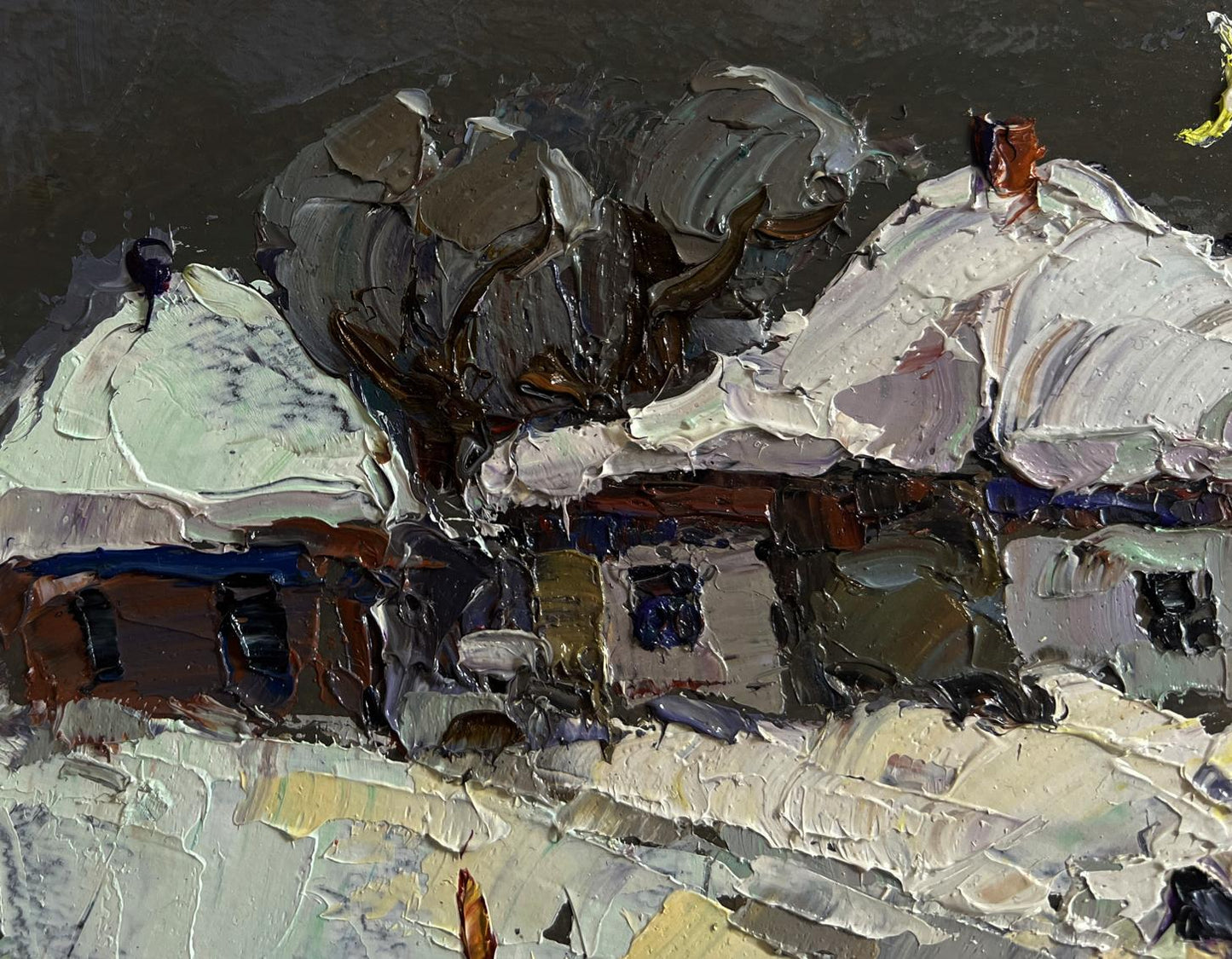 Moonlit winter night oil painting by Oksana Ivanyuk: snowy rooftops and trees