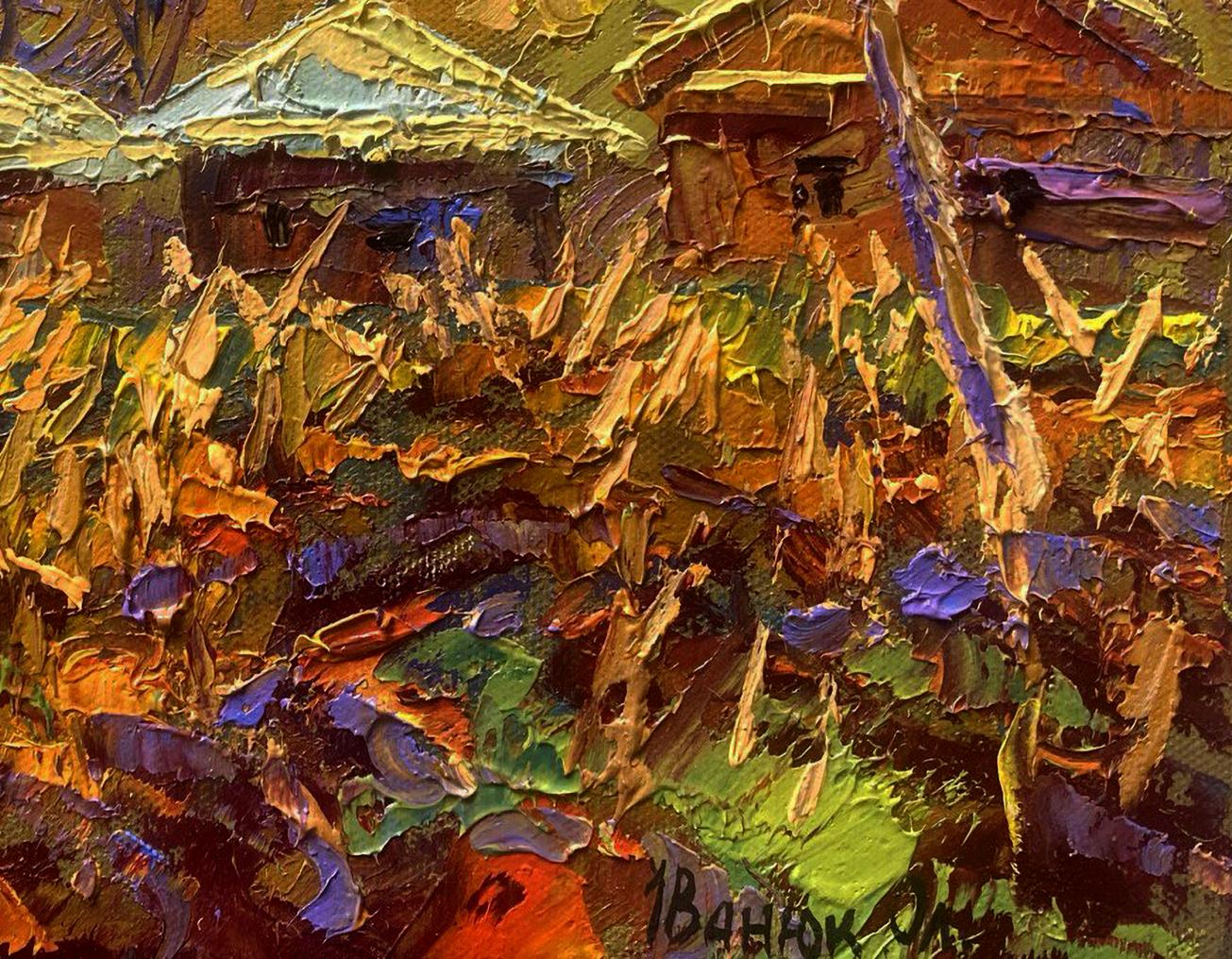 Vibrant impressionist oil painting by Oleksiy Ivanyuk: sun sets over ancestral hill