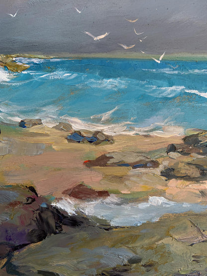 Oil painting of white seagulls on turquoise waves crashing against rocky seashore by Yuriy Suprunchuk