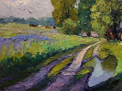 Oil painting Summer day by Serdyuk Boris Petrovich, impasto path with purple flowers