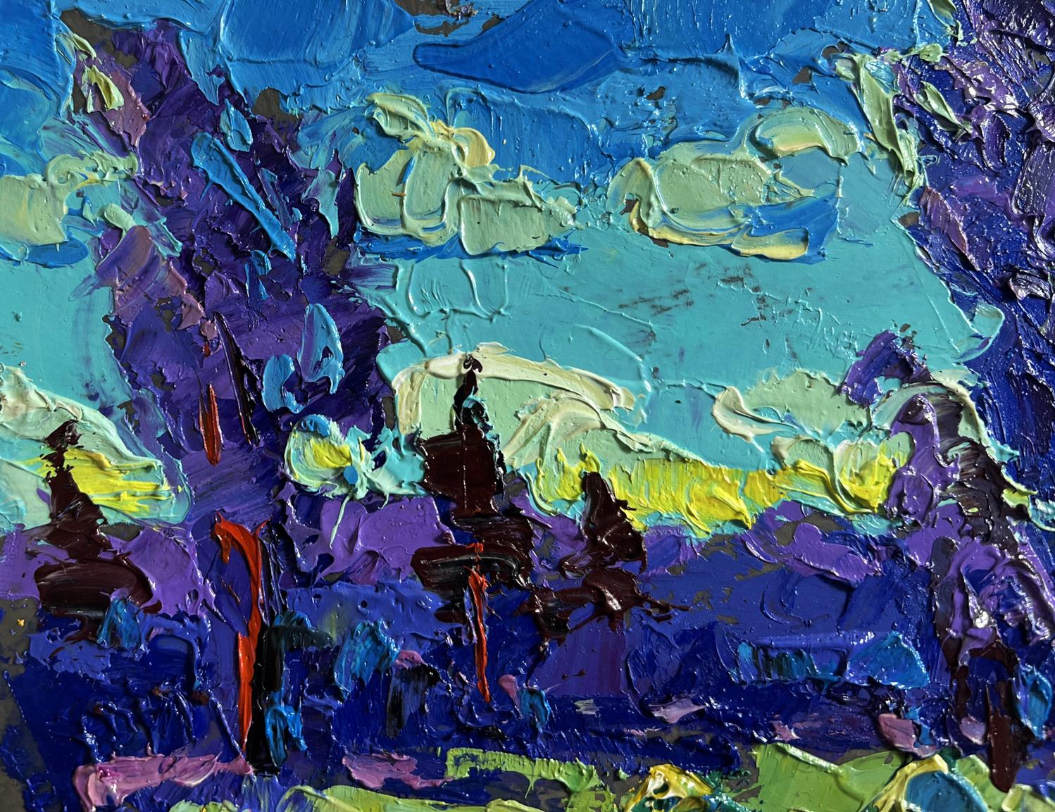 Oil painting Evening Breeze in the Field by Oleksiy Ivanyuk, vibrant abstract textured blues and purples