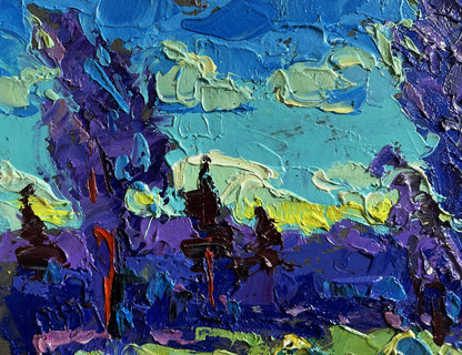 Oil painting Evening Breeze in the Field by Oleksiy Ivanyuk, vibrant abstract textured blues and purples