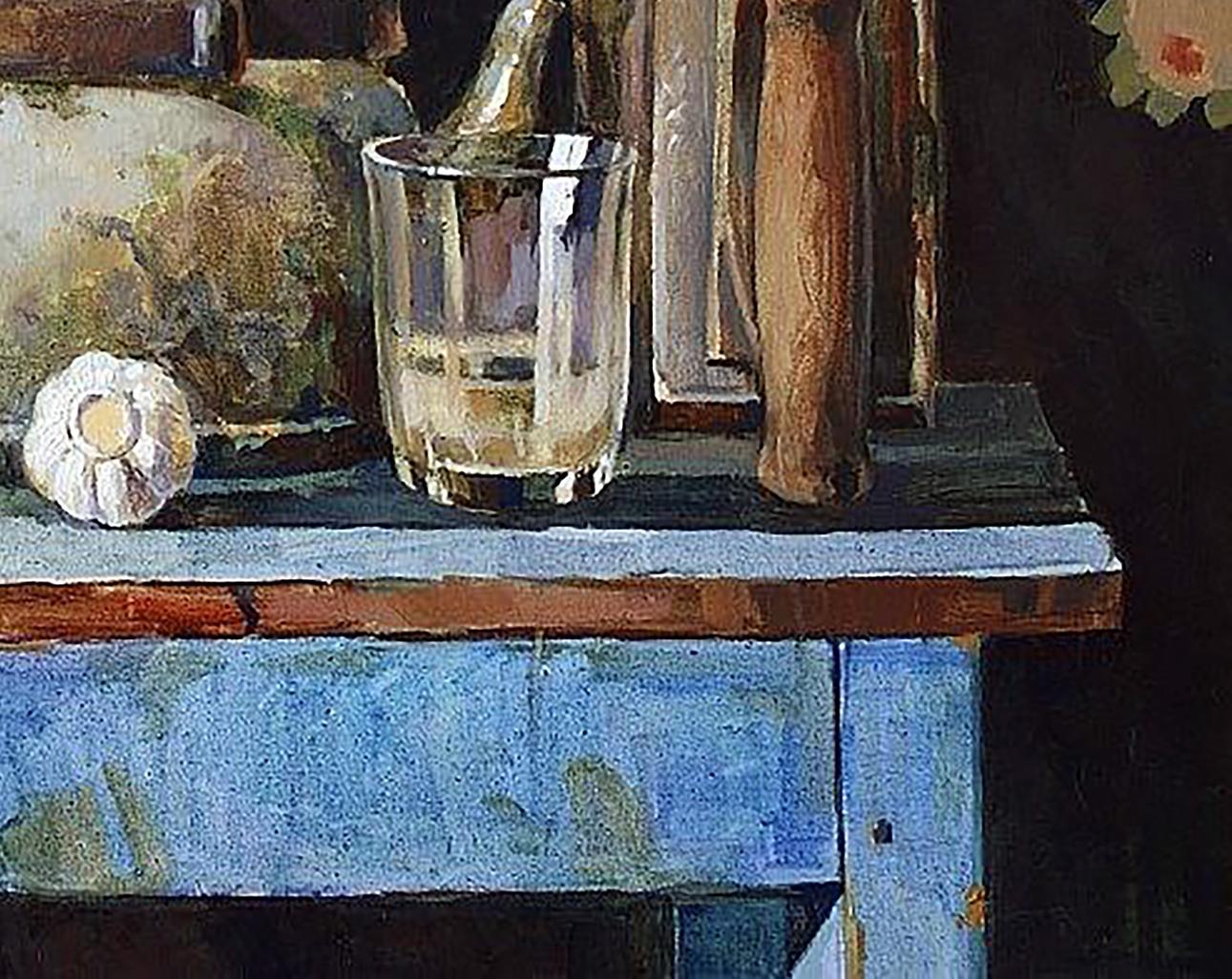 Oil painting of clear glass tumbler on weathered blue wood by Anastasia Yaroshevich
