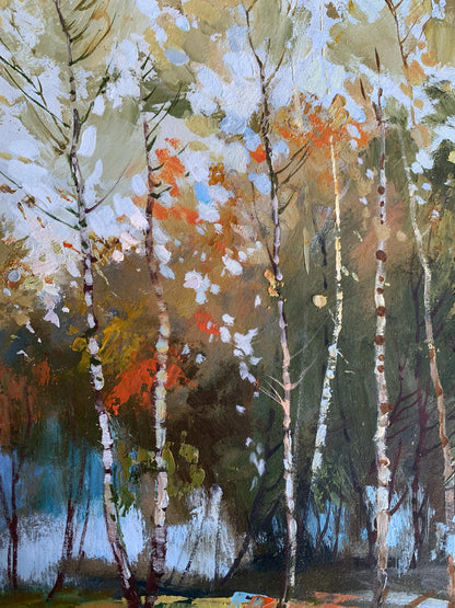 Textured impressionist oil painting of birch autumn forest by Yuriy Suprunchuk
