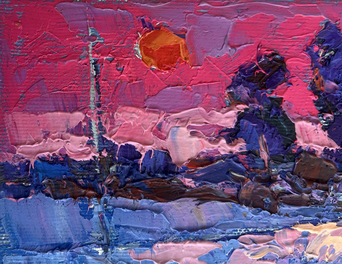 Vibrant Frosty Winter Evening oil painting by Oksana Ivanyuk with pink, purple, blue layers and orange circle