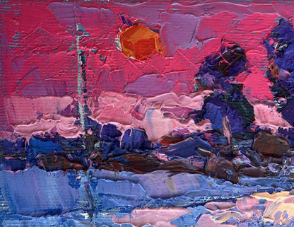 Vibrant Frosty Winter Evening oil painting by Oksana Ivanyuk with pink, purple, blue layers and orange circle