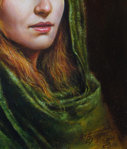 Oil painting Fox Valeriy Bulat: emerald green velvet scarf on woman neck