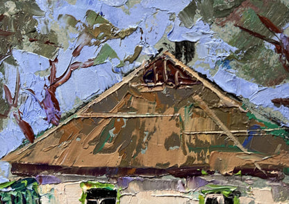 Oil painting of Grandma on bench by Oleksiy Ivanyuk, textured gabled roof