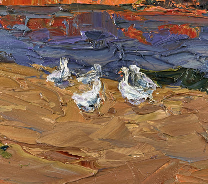 Oil painting Geese in the Yard by Boris Serdyuk, textured white geese
