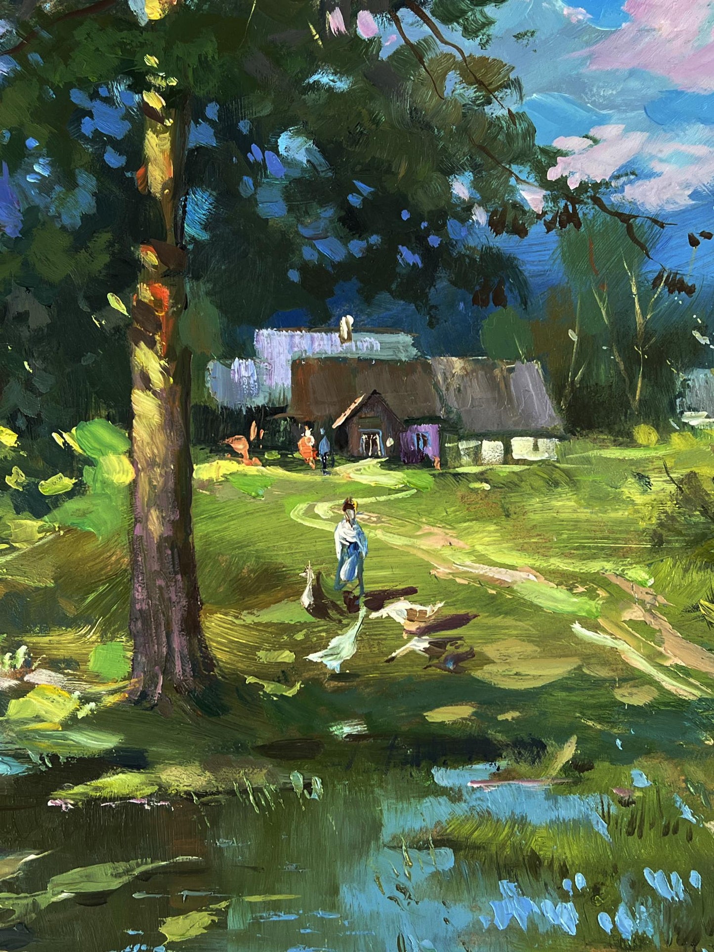 Oil painting of rustic thatched house in swamps near village by Yuriy Suprunchuk