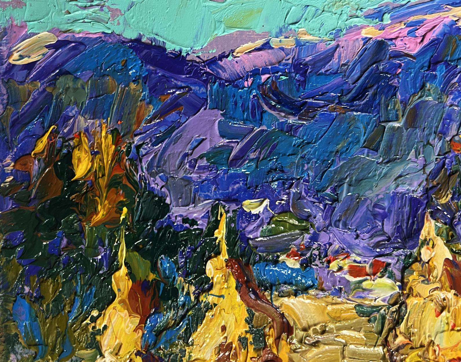 Vibrant impressionist oil painting of haystacks and mountain view by Oleksiy Ivanyuk