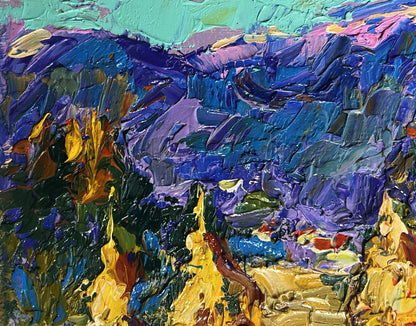 Vibrant impressionist oil painting of haystacks and mountain view by Oleksiy Ivanyuk