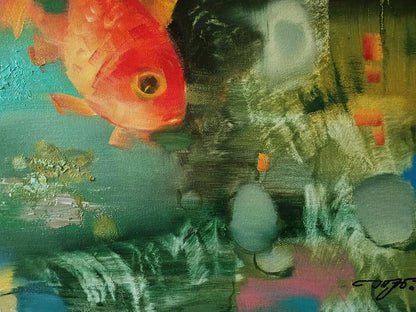 Abstract oil painting of vibrant orange koi fish by Anatoly Tarabanov