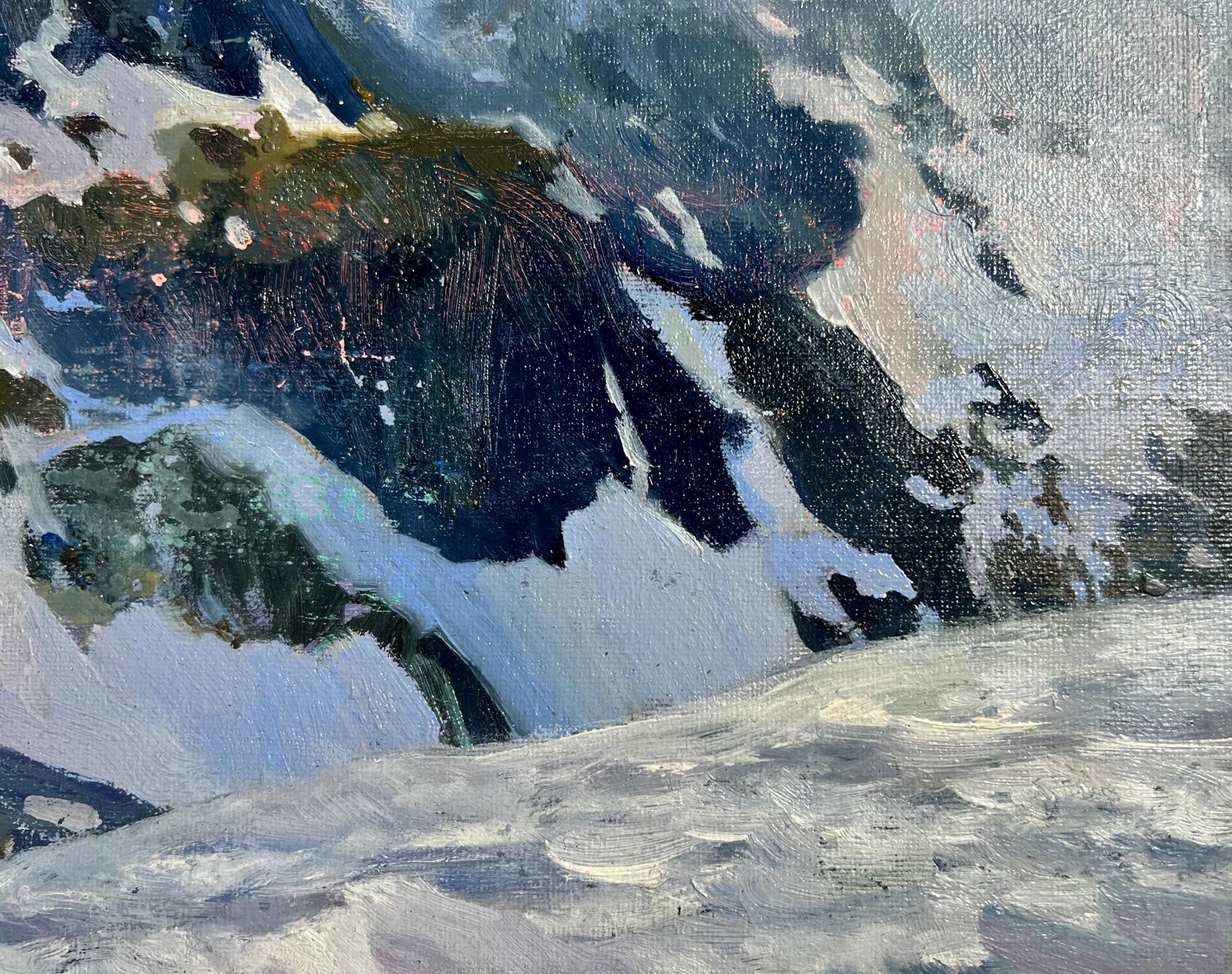 Oil painting of snowy mountain top by Tatyana Derdey, textured canvas landscape