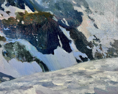 Oil painting of snowy mountain top by Tatyana Derdey, textured canvas landscape
