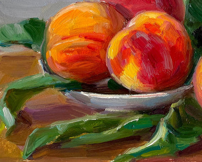 Oil painting Peaches on a plate by Vyacheslav Pereta vibrant peaches in bowl