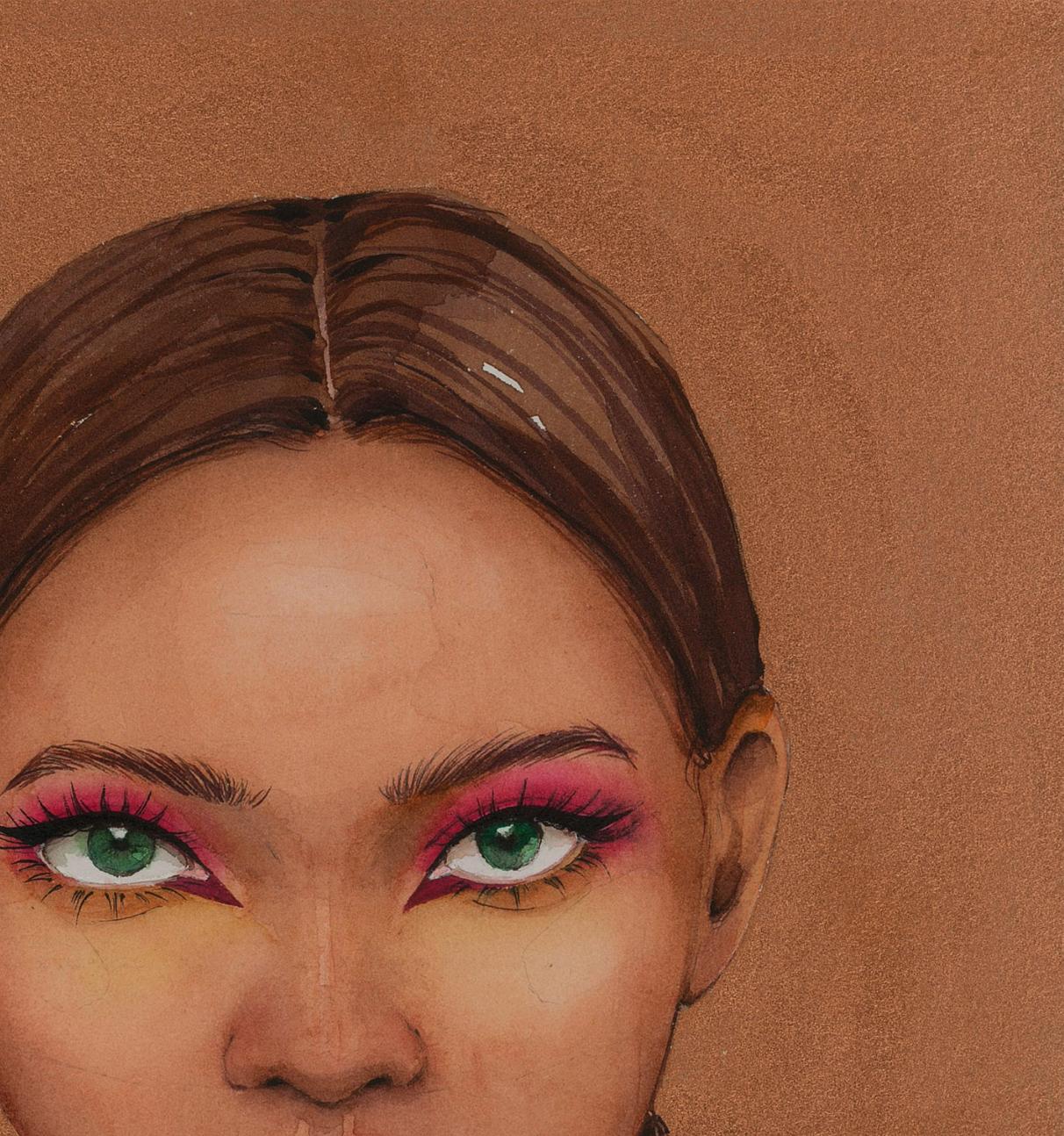Watercolor painting of Lady in gold by Victoria Kagalovska with green eyes